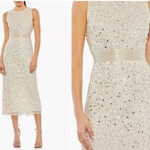 MAC DUGGAL GEOMETRIC EMBELLISHED SLEEVELESS A-LINE NUDE SILVER DRESS sz 8